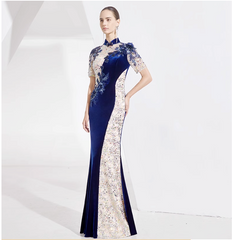 velvet qipao dress with sequin contrast and floral appliqué - JIN