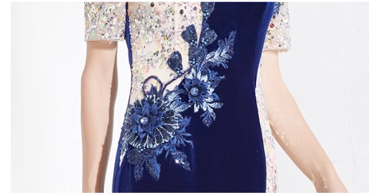 velvet qipao dress with sequin contrast and floral appliqué - JIN