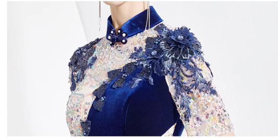 velvet qipao dress with sequin contrast and floral appliqué - JIN