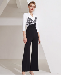 contrast lace-panel jumpsuit with wide-leg pants - NOIR