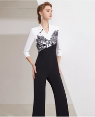 contrast lace-panel jumpsuit with wide-leg pants - NOIR