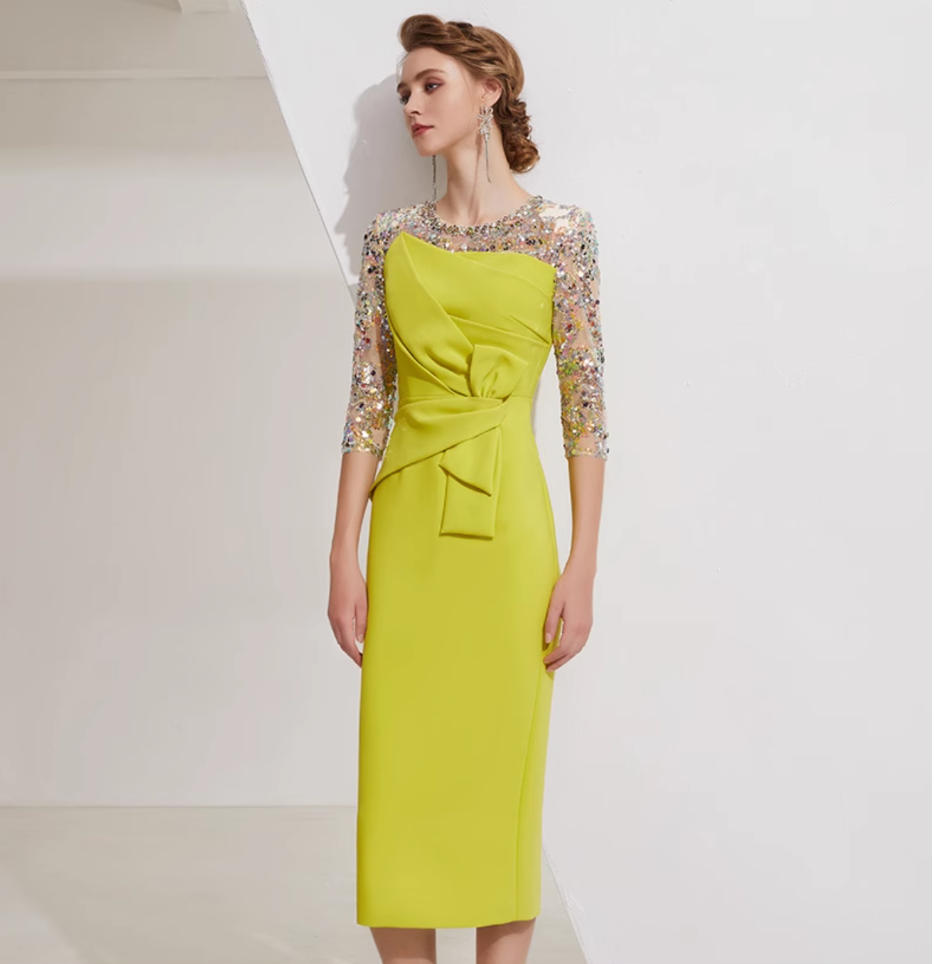 draped midi dress with sequin mesh sleeves - SOLENE