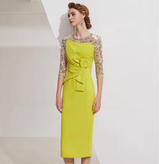 draped midi dress with sequin mesh sleeves - SOLENE