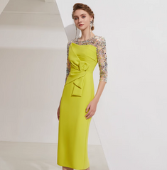draped midi dress with sequin mesh sleeves - SOLENE