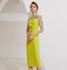 draped midi dress with sequin mesh sleeves - SOLENE