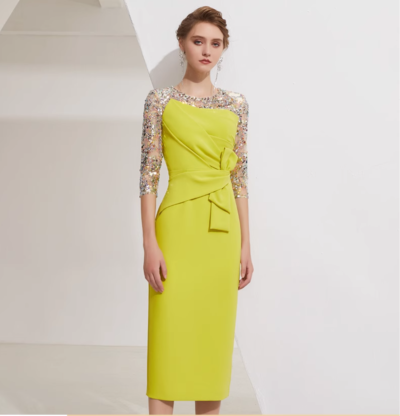 draped midi dress with sequin mesh sleeves - SOLENE
