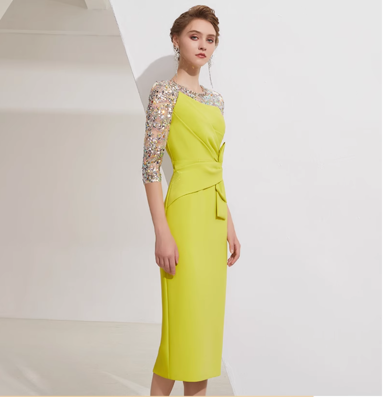 draped midi dress with sequin mesh sleeves - SOLENE