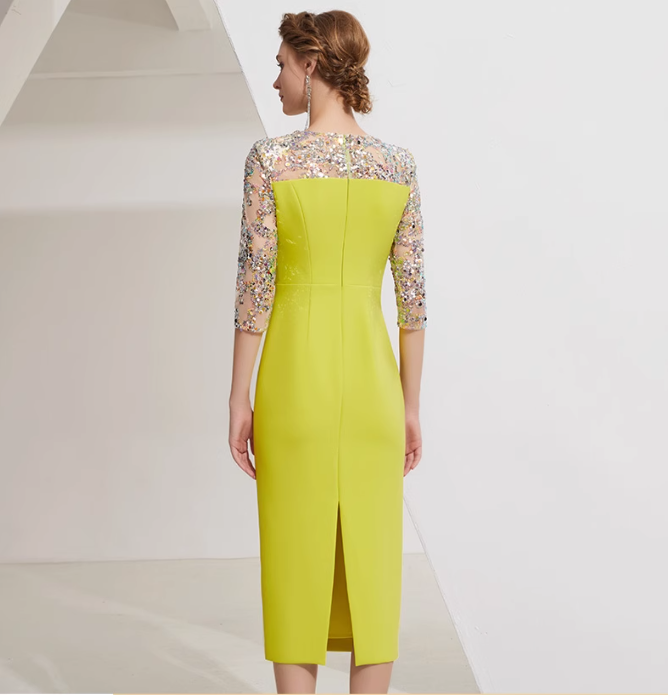 draped midi dress with sequin mesh sleeves - SOLENE