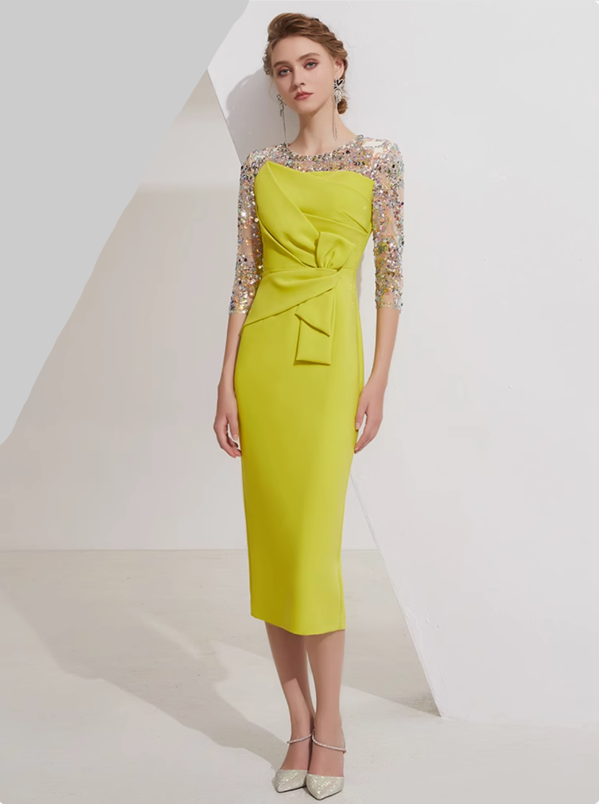 draped midi dress with sequin mesh sleeves - SOLENE