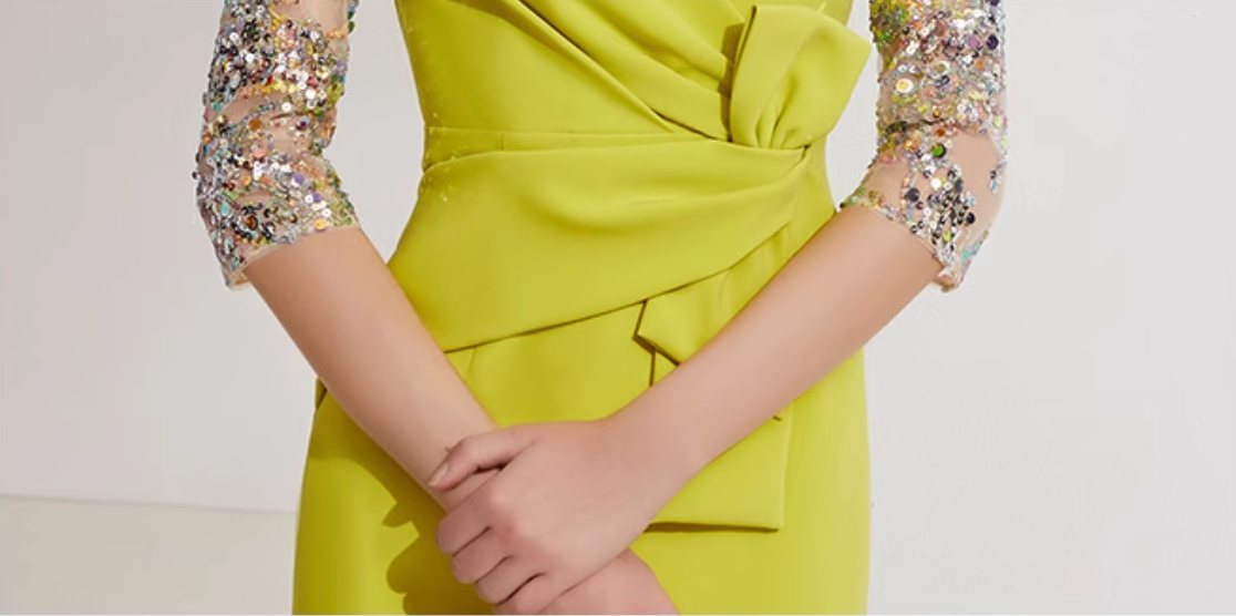 draped midi dress with sequin mesh sleeves - SOLENE