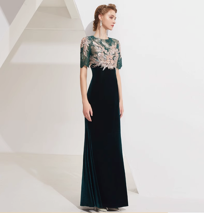 velvet mermaid dress with embroidered lace bodice - EMERALD