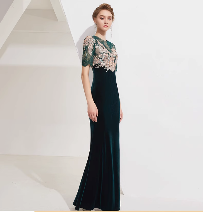 velvet mermaid dress with embroidered lace bodice - EMERALD