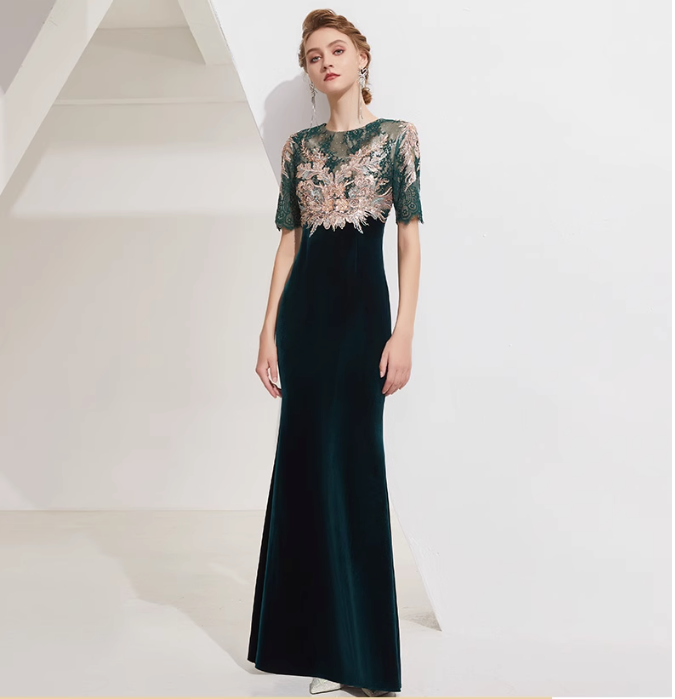 velvet mermaid dress with embroidered lace bodice - EMERALD