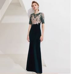 velvet mermaid dress with embroidered lace bodice - EMERALD