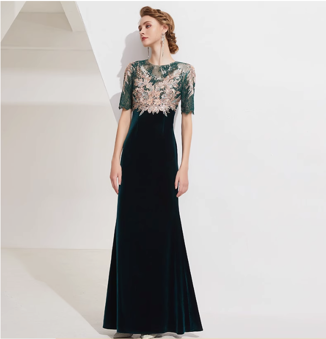 velvet mermaid dress with embroidered lace bodice - EMERALD