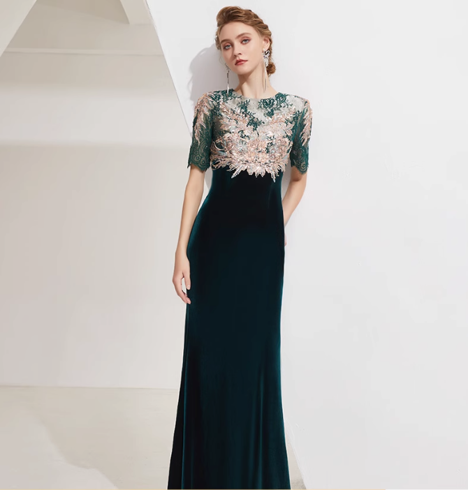velvet mermaid dress with embroidered lace bodice - EMERALD
