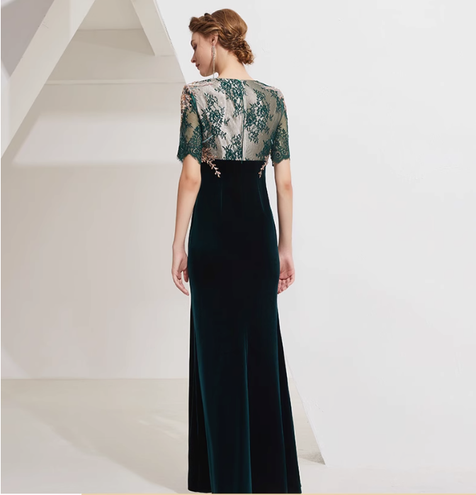 velvet mermaid dress with embroidered lace bodice - EMERALD