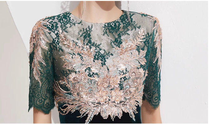 velvet mermaid dress with embroidered lace bodice - EMERALD
