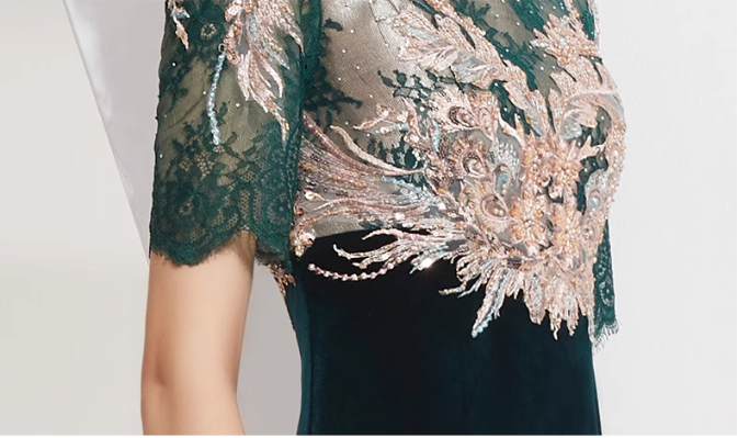 velvet mermaid dress with embroidered lace bodice - EMERALD