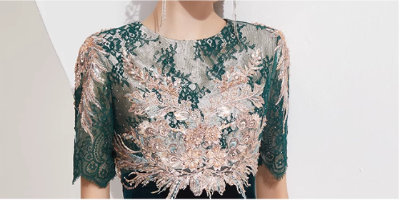 velvet mermaid dress with embroidered lace bodice - EMERALD