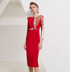 asymmetric midi dress with embellished shoulder and jeweled belt - RUBY