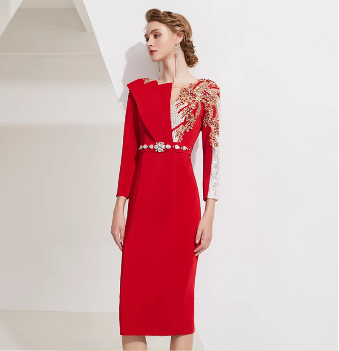 asymmetric midi dress with embellished shoulder and jeweled belt - RUBY