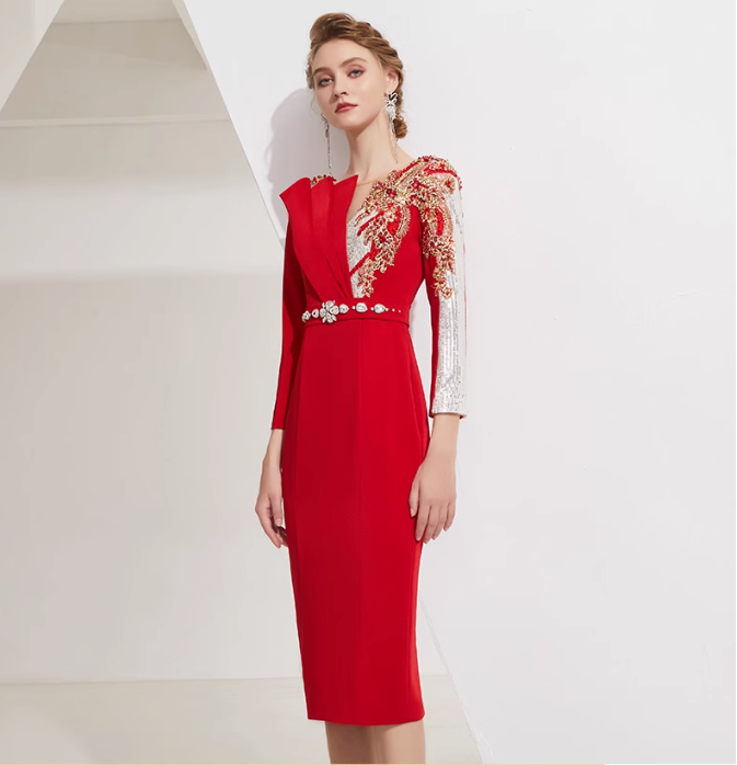 asymmetric midi dress with embellished shoulder and jeweled belt - RUBY