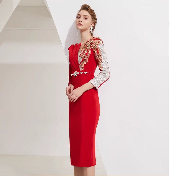 asymmetric midi dress with embellished shoulder and jeweled belt - RUBY