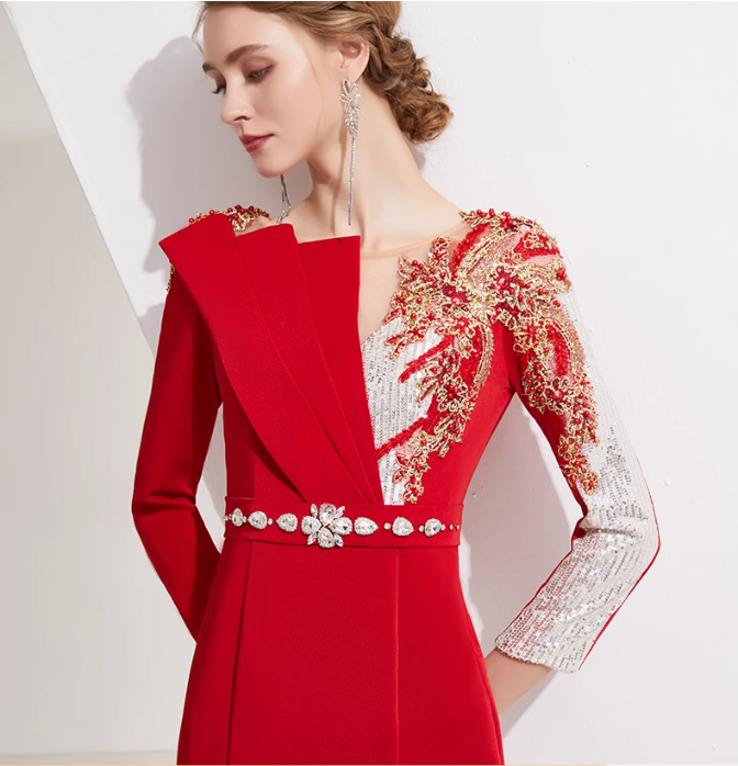 asymmetric midi dress with embellished shoulder and jeweled belt - RUBY