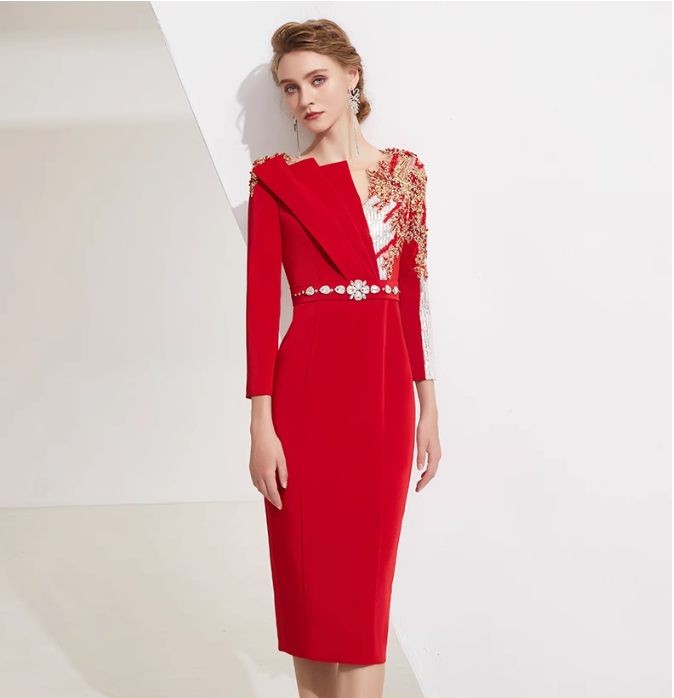 asymmetric midi dress with embellished shoulder and jeweled belt - RUBY