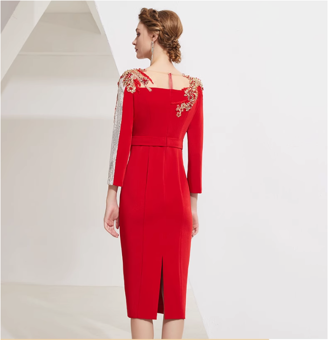 asymmetric midi dress with embellished shoulder and jeweled belt - RUBY