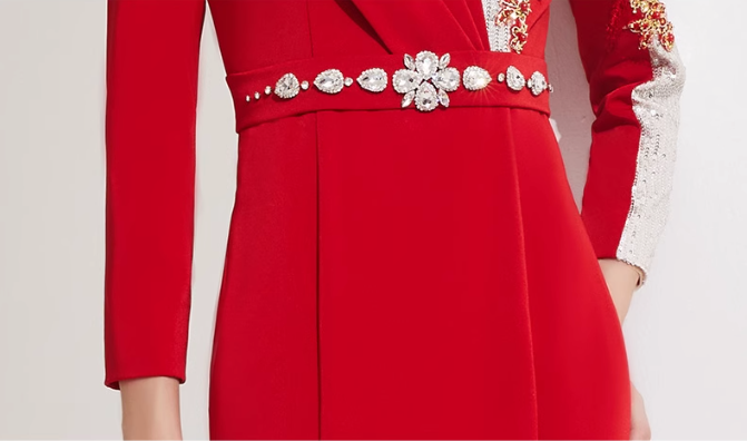 asymmetric midi dress with embellished shoulder and jeweled belt - RUBY