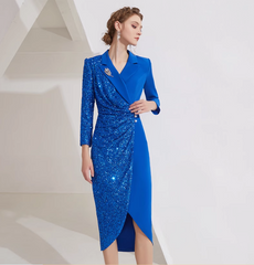 asymmetric sequin wrap dress with lapel collar - AZURA