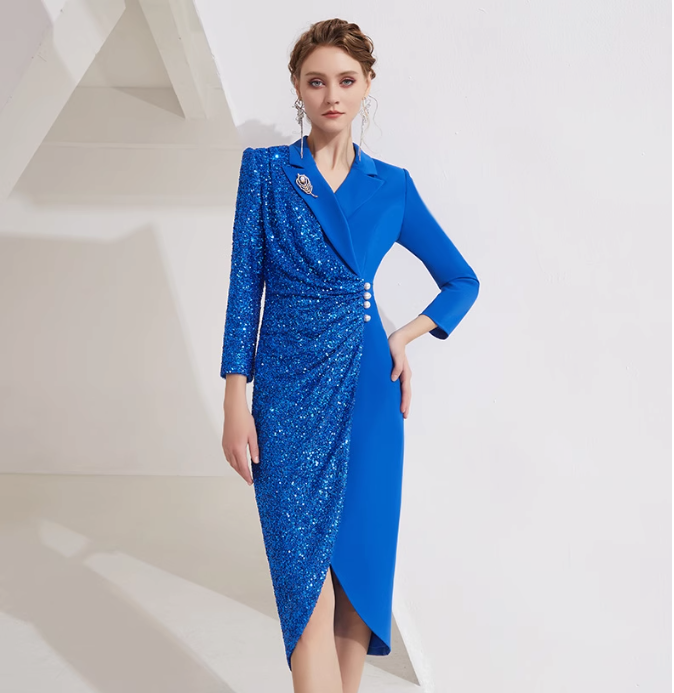 asymmetric sequin wrap dress with lapel collar - AZURA