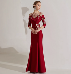 off-shoulder mermaid dress with embroidered illusion neckline - SCARLET