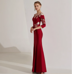 off-shoulder mermaid dress with embroidered illusion neckline - SCARLET