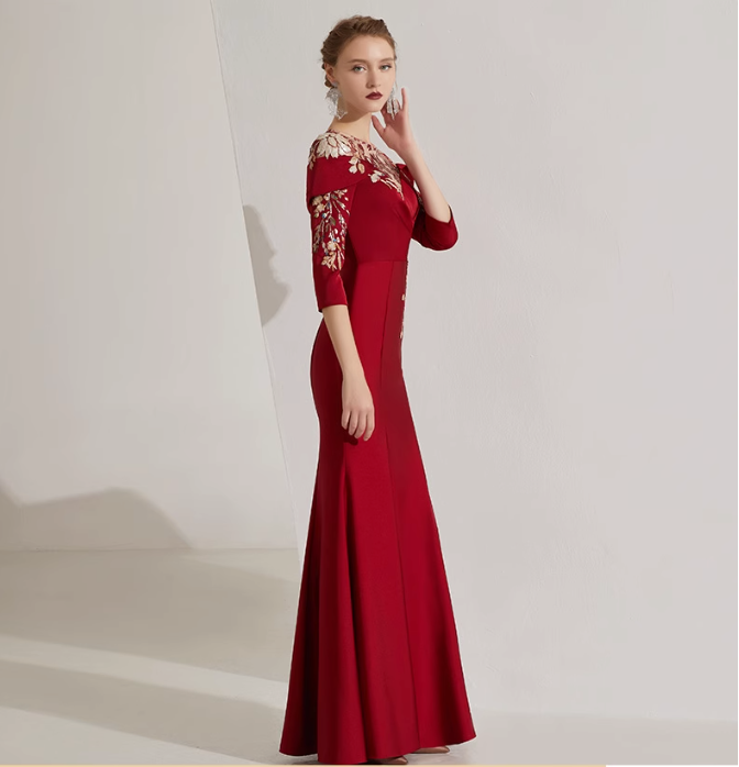 off-shoulder mermaid dress with embroidered illusion neckline - SCARLET