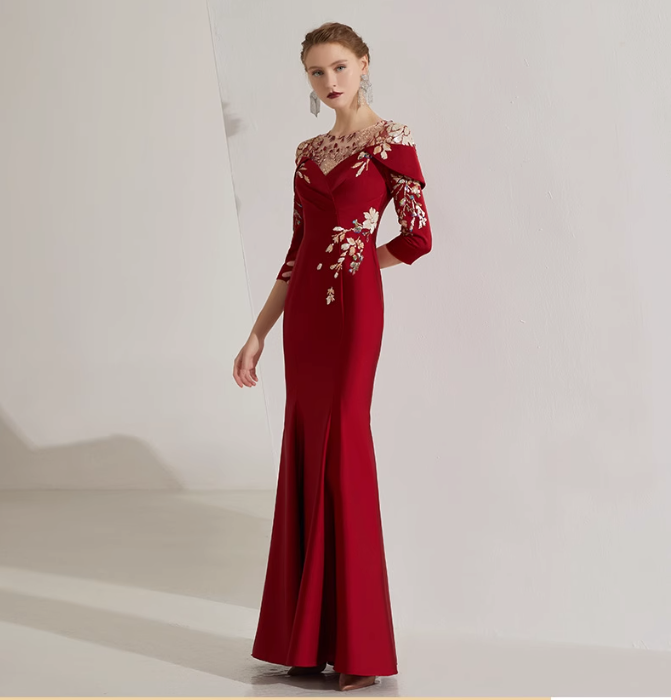 off-shoulder mermaid dress with embroidered illusion neckline - SCARLET