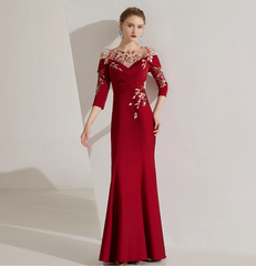 off-shoulder mermaid dress with embroidered illusion neckline - SCARLET