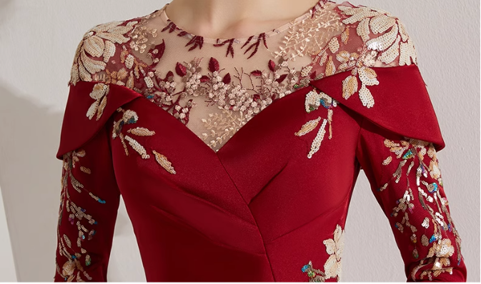 off-shoulder mermaid dress with embroidered illusion neckline - SCARLET