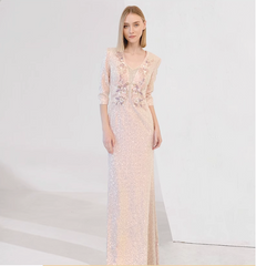 sequin column dress with 3D floral embroidery - CELESTE