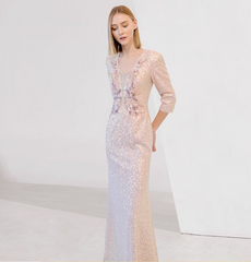 sequin column dress with 3D floral embroidery - CELESTE