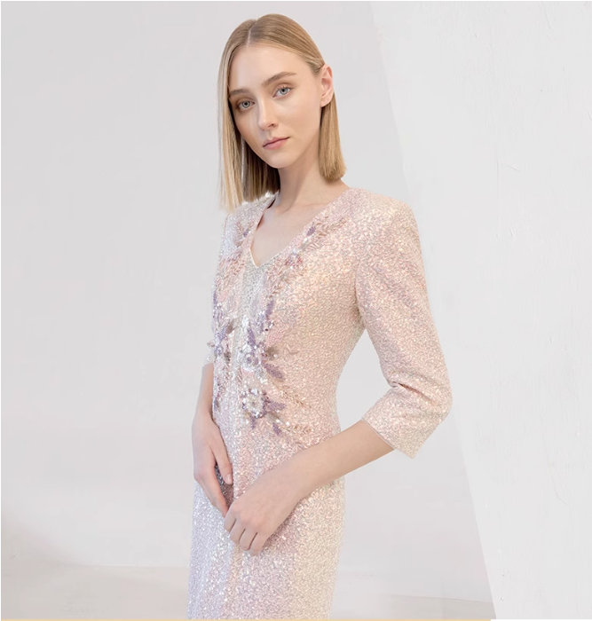 sequin column dress with 3D floral embroidery - CELESTE