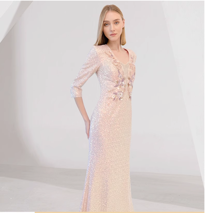 sequin column dress with 3D floral embroidery - CELESTE