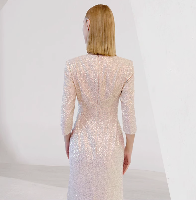 sequin column dress with 3D floral embroidery - CELESTE