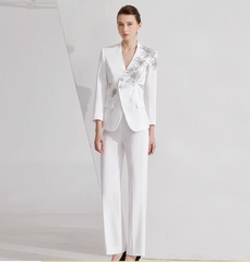 tailored pantsuit with crystal embroidery and notch blazer - STELLA