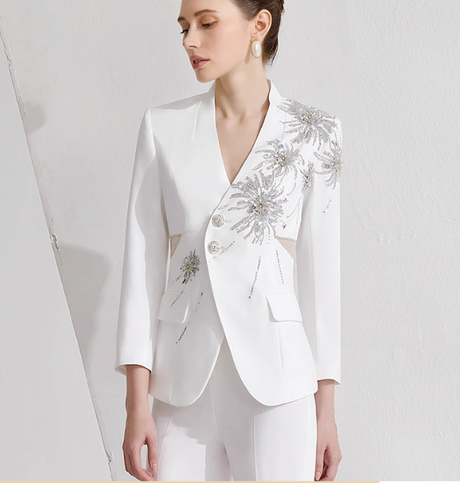 tailored pantsuit with crystal embroidery and notch blazer - STELLA