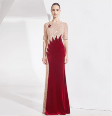 velvet mermaid dress with sequin contrast and floral brooch - NOVA