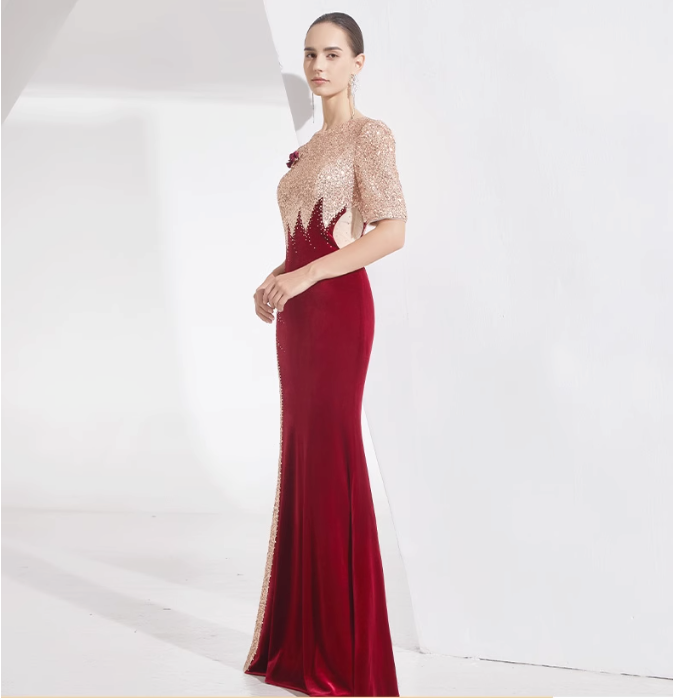 velvet mermaid dress with sequin contrast and floral brooch - NOVA