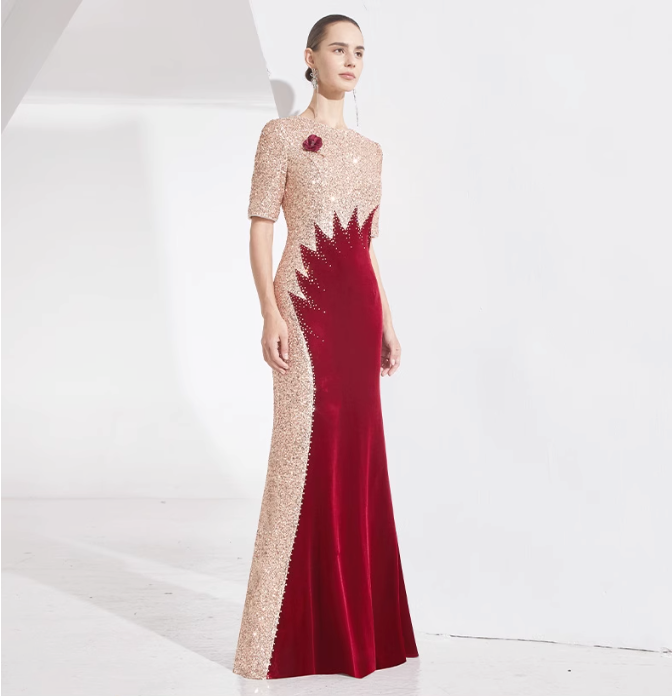 velvet mermaid dress with sequin contrast and floral brooch - NOVA